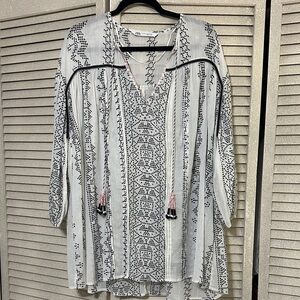Zara White Tunic with Black Embroidered Pattern and Tassel Ties
